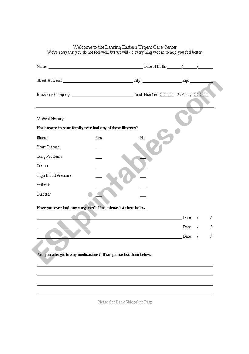 Doctor Office Form for Patient Intake Activity