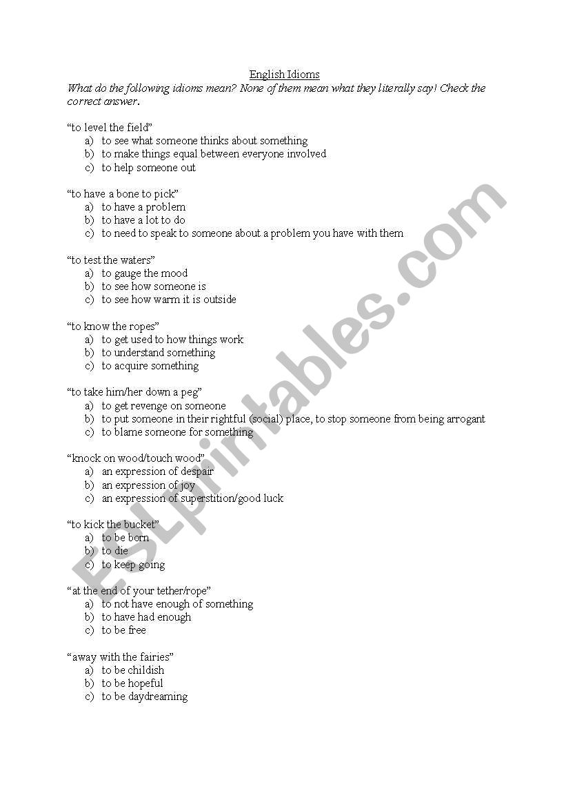 English Idioms worksheet