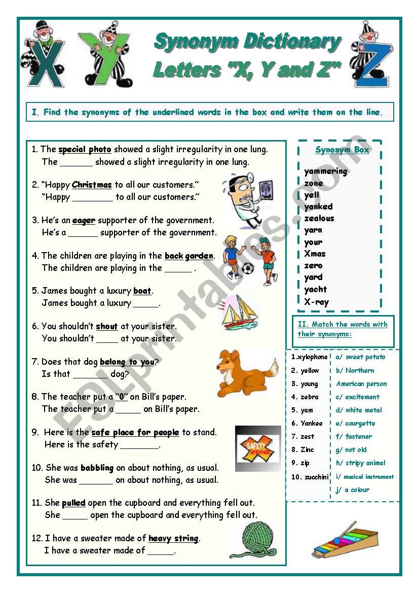 Synonym Dictionary, Letters X, Y and Z - ESL worksheet by Babi965