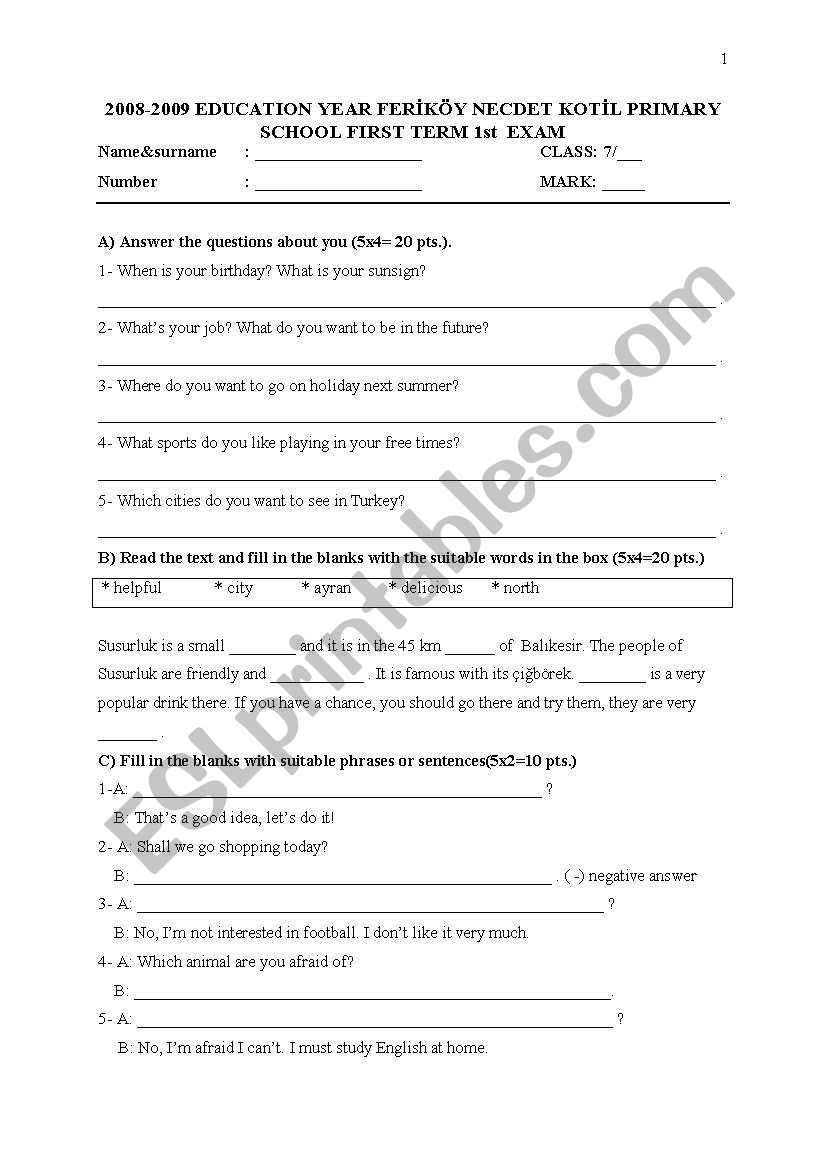 2008-09 7 th classes 1 st term 1st exam 