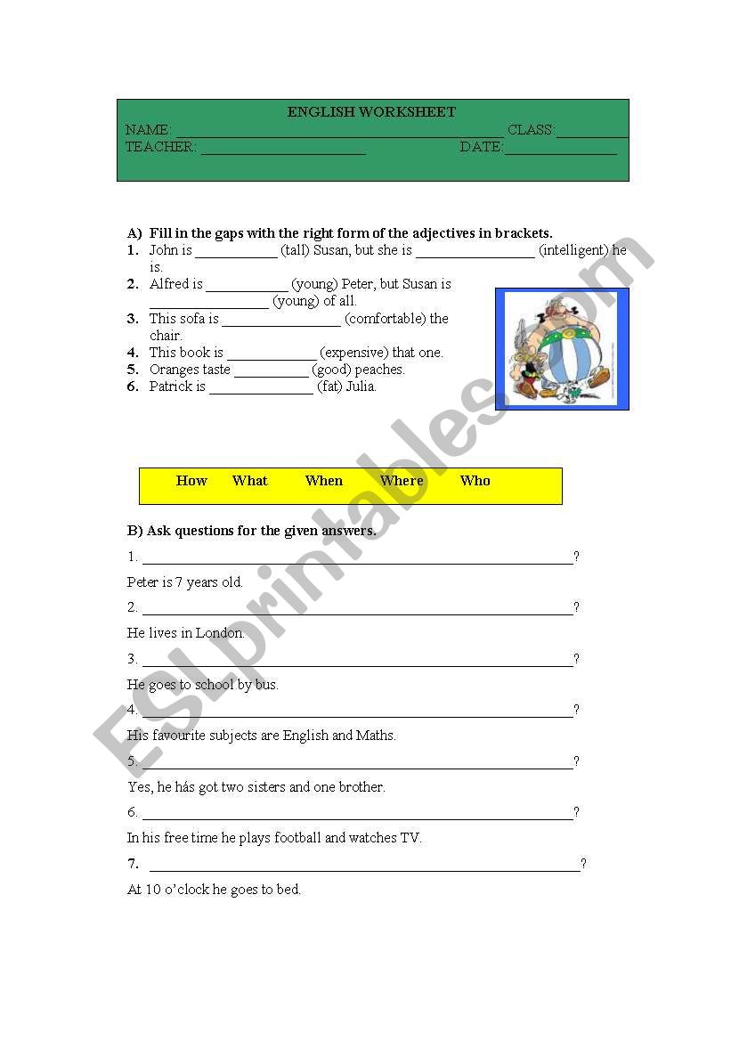 Worksheet on Adectives & Question Words