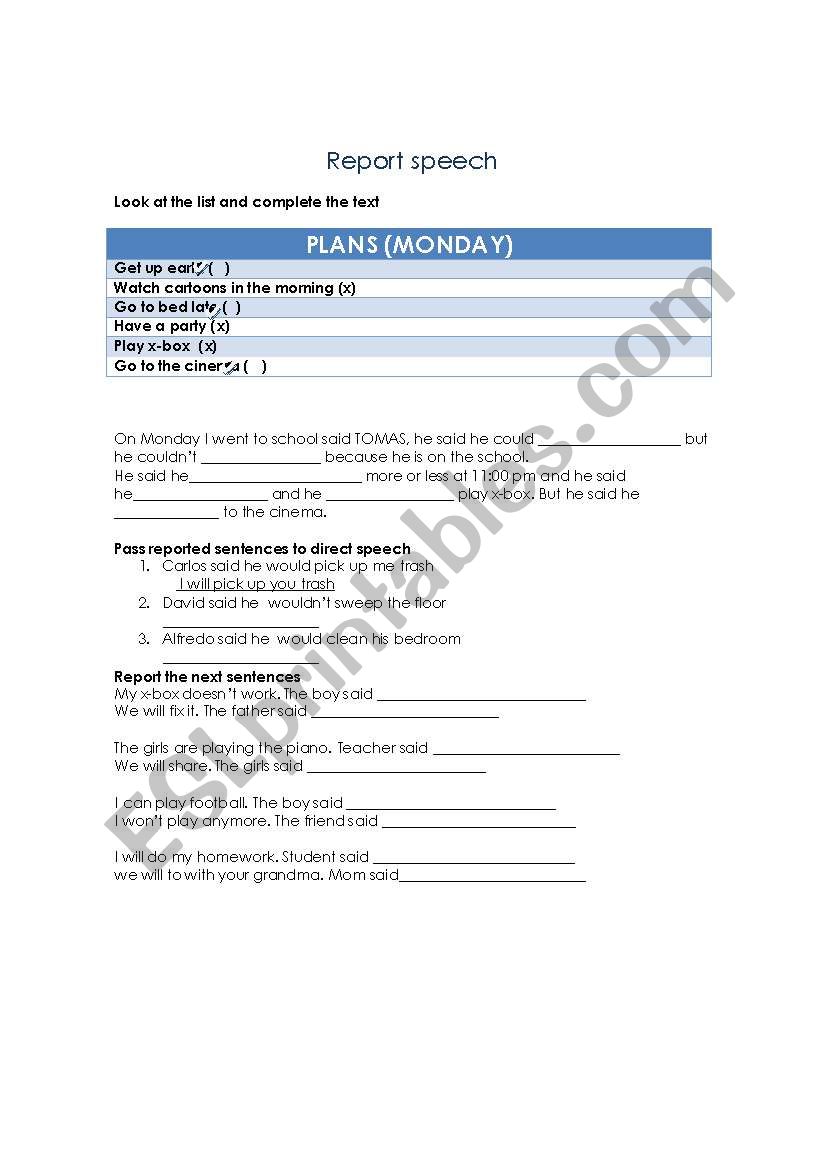 reported speech test worksheet