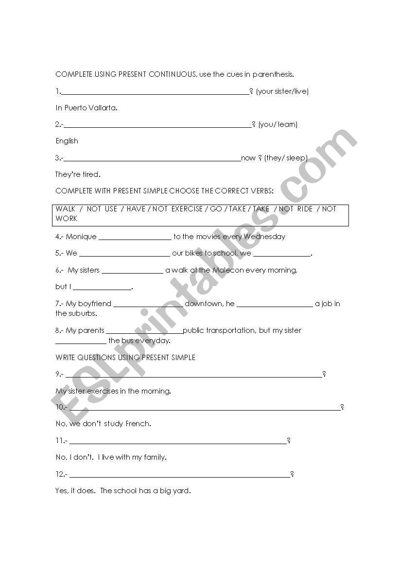 present continuous and simple worksheet