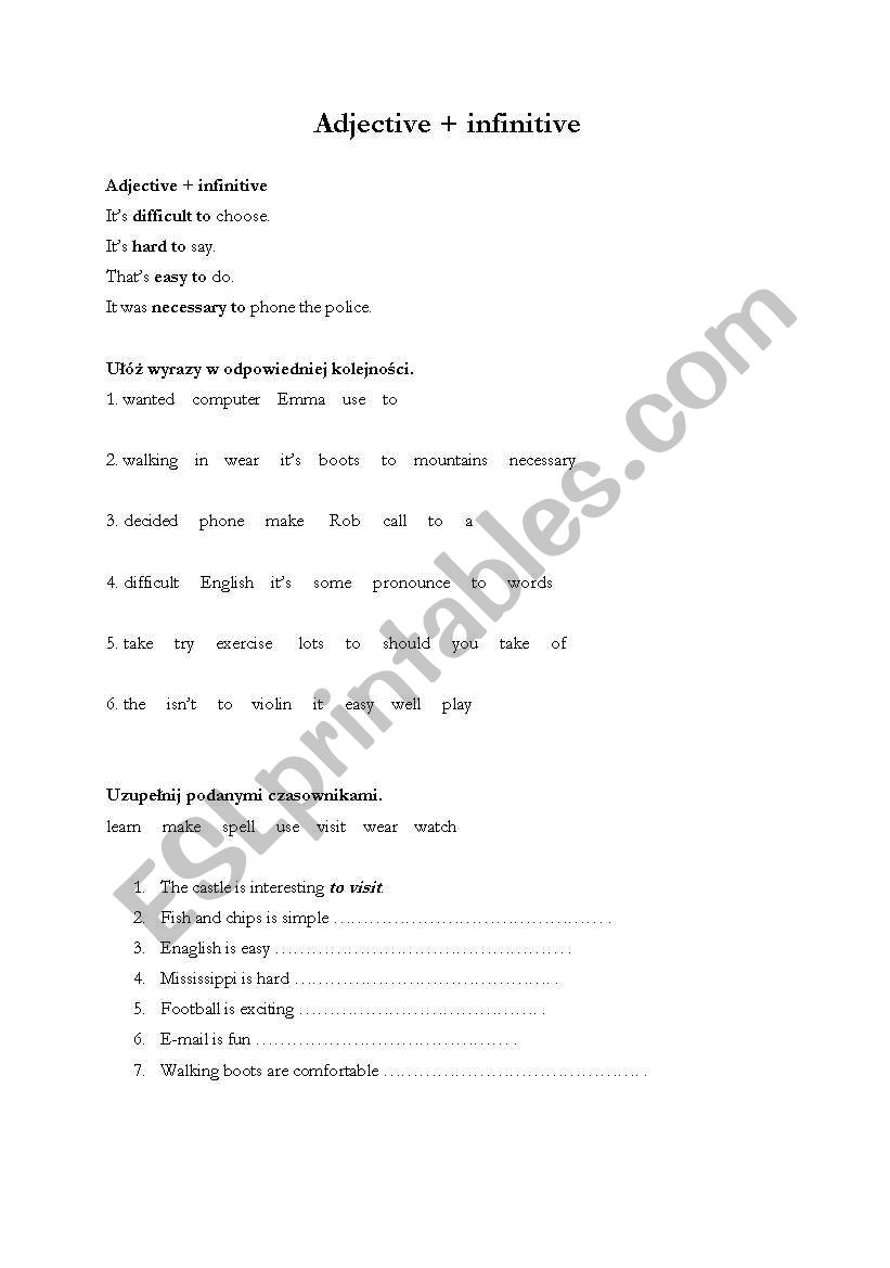 English Worksheets Adjective Infinitive