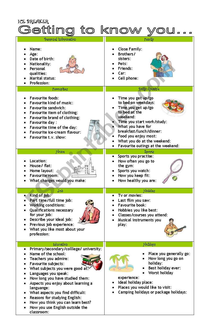ICEBREAKER FOR YOUNG LEARNERS AND ADULTS - ESL worksheet by greenwood