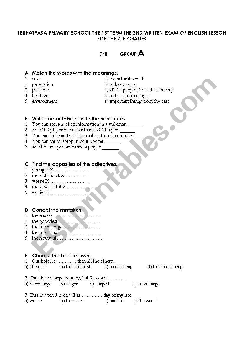 english worksheets 7th grades exam paper
