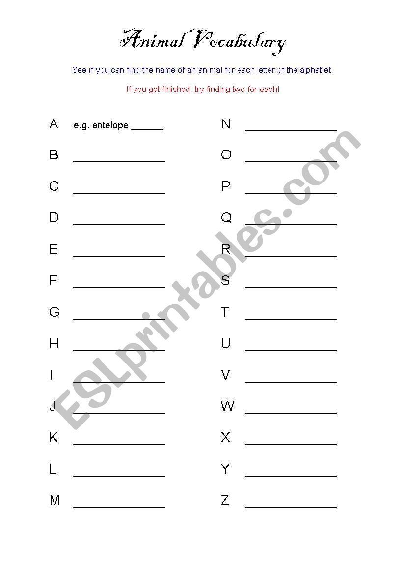 Animal Vocabulary worksheet