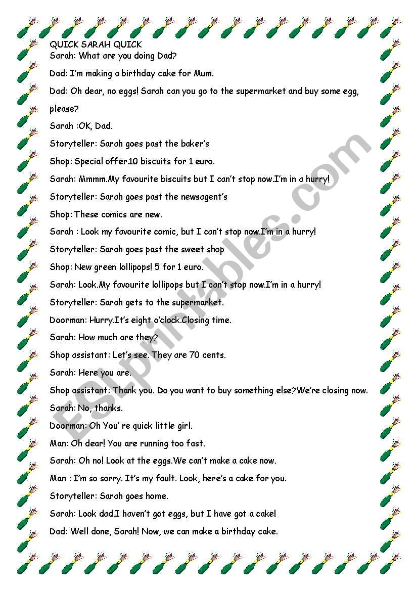quick sarah quick ! role play worksheet