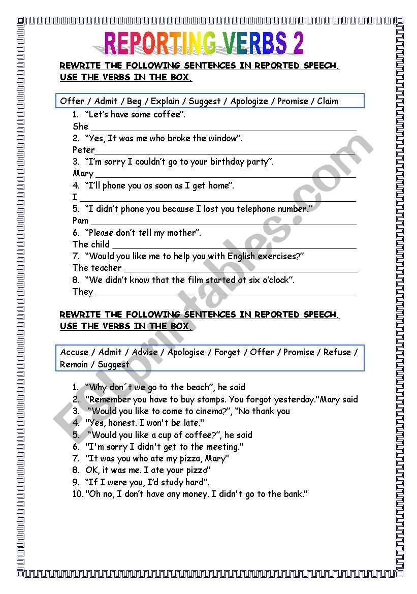 REPORTING VERBS 2 ESL Worksheet By Aragoneses