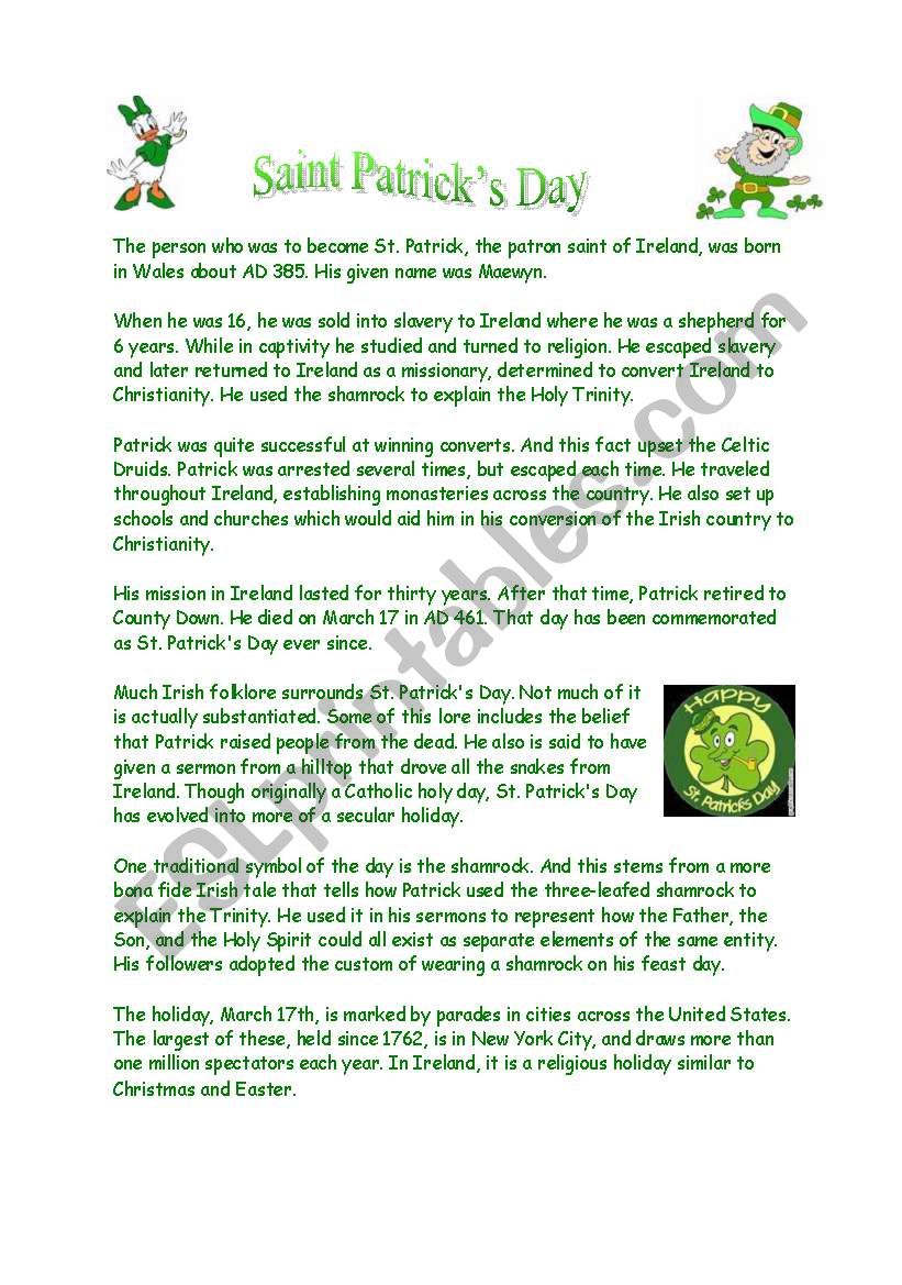 Saint Patrick´s History + Questions - ESL worksheet by Ana Paula