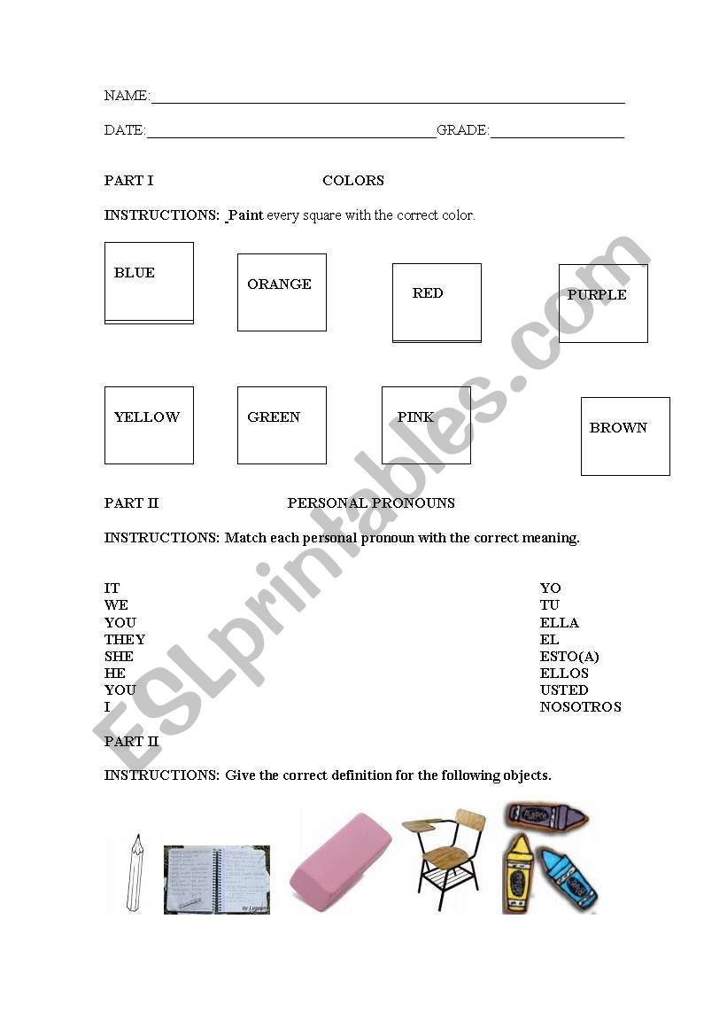 COLOURS worksheet