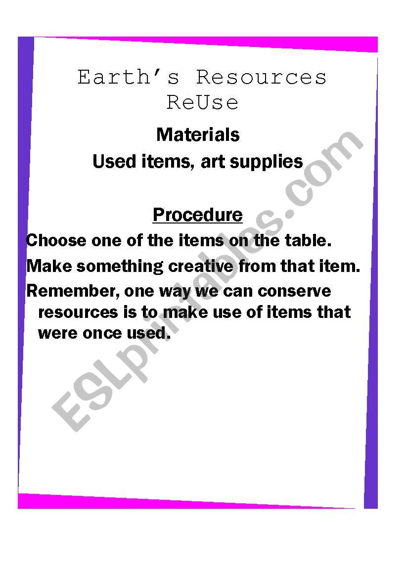 Earths Resources-Reuse worksheet