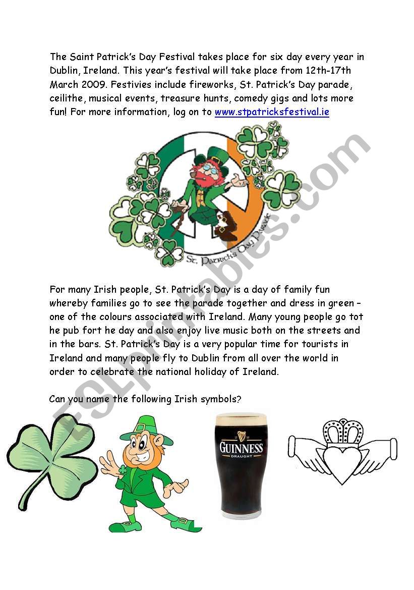 St. PAtrick´s day festival 2009 - ESL worksheet by mammybanks