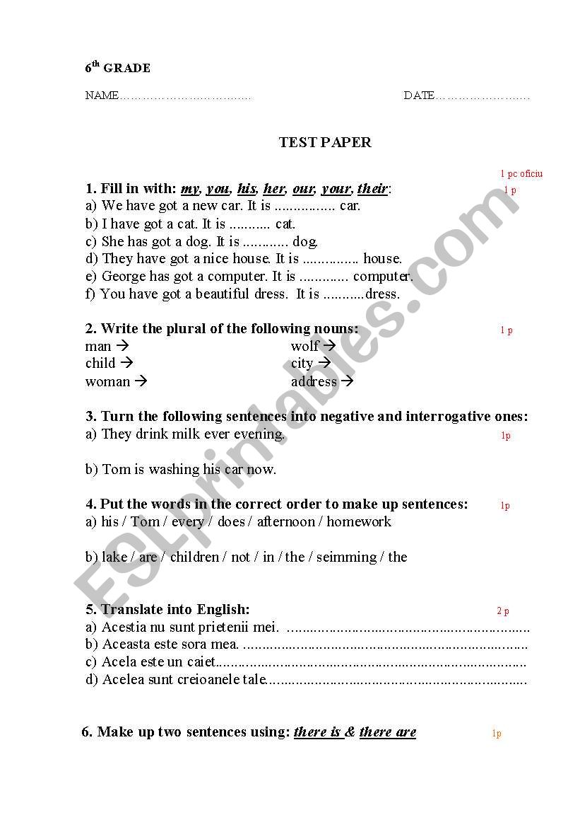 initial tests worksheet