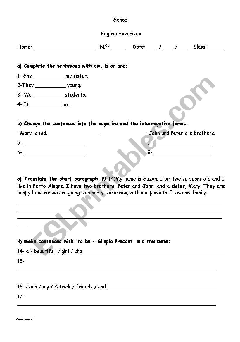 Exercise on verb to be worksheet