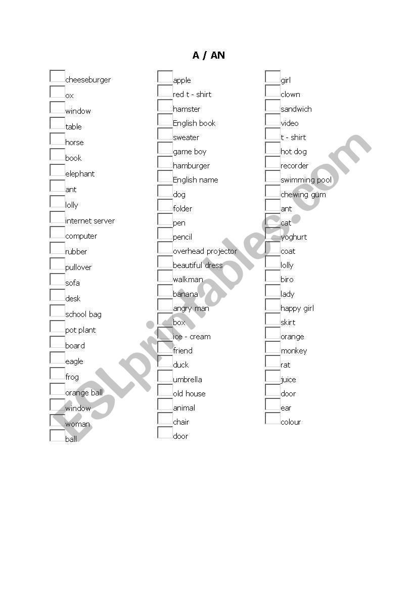 A or An worksheet