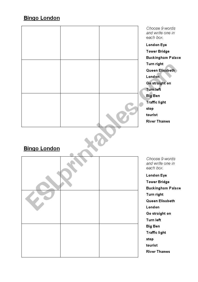 Bingo London worksheet
