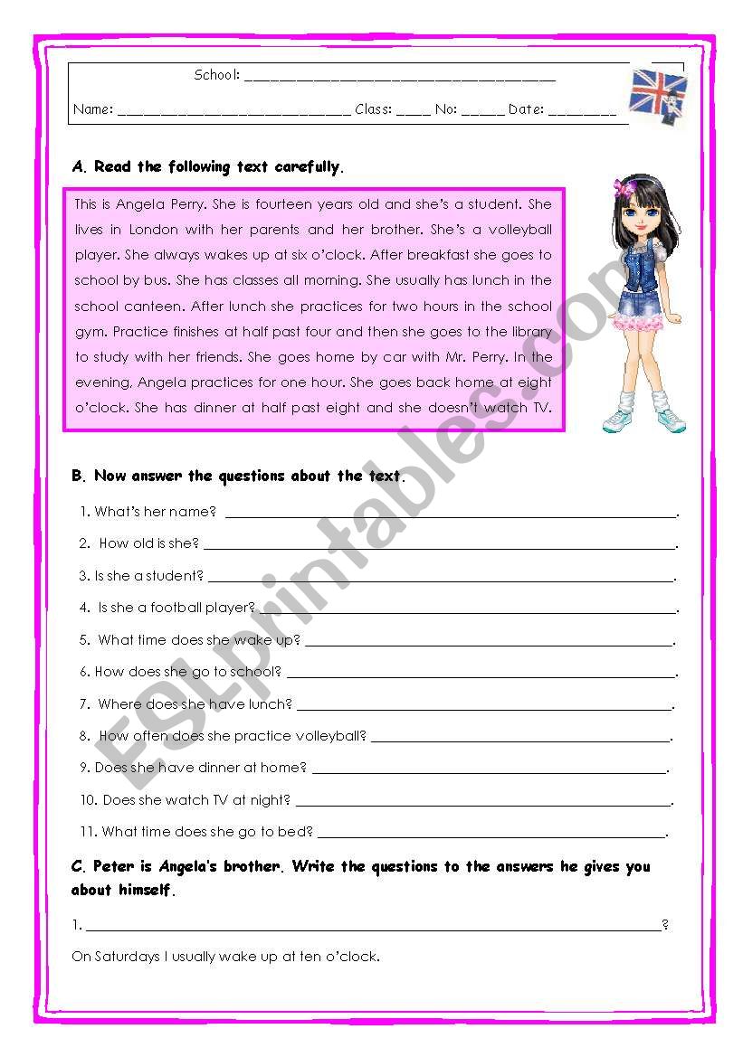 Angela`s daily routine - ESL worksheet by Rosario Pacheco