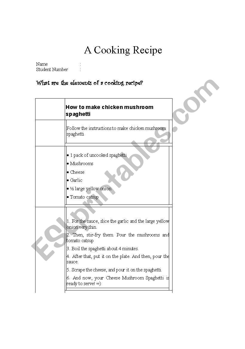 a cooking recipe worksheet