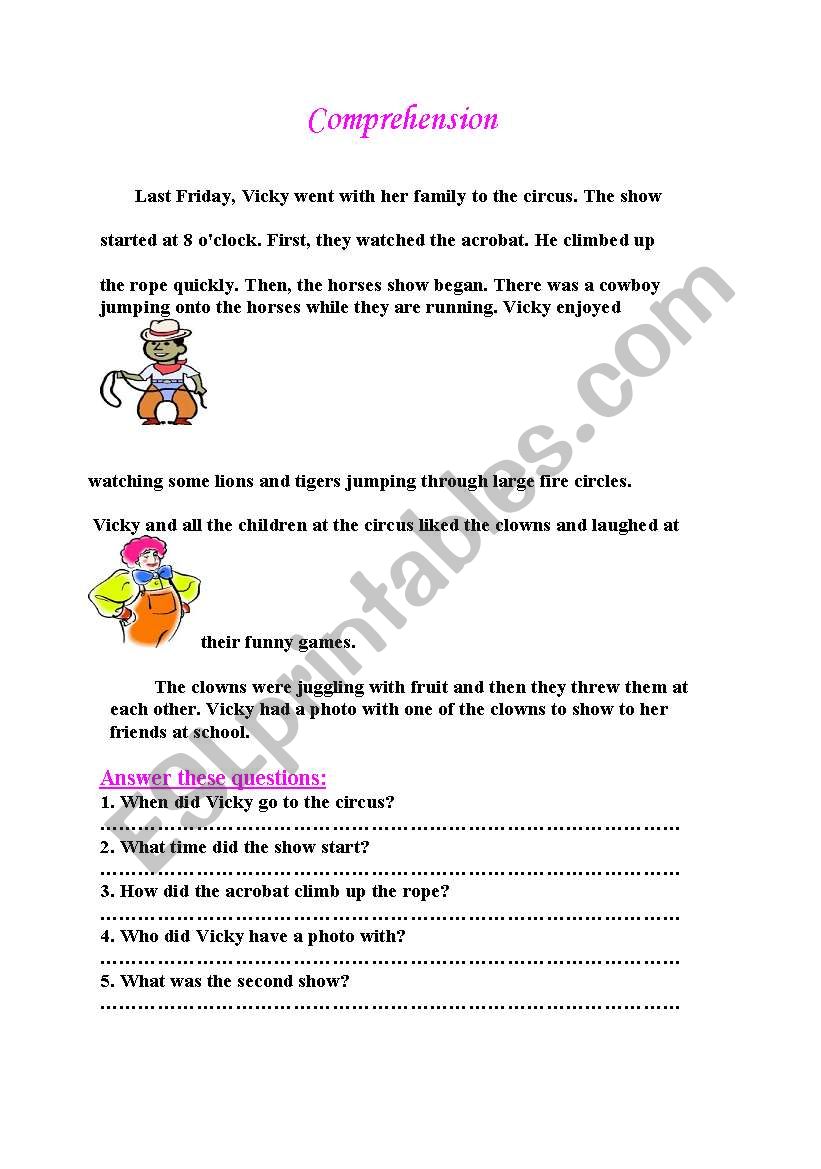 Comprehension : At the Circus worksheet