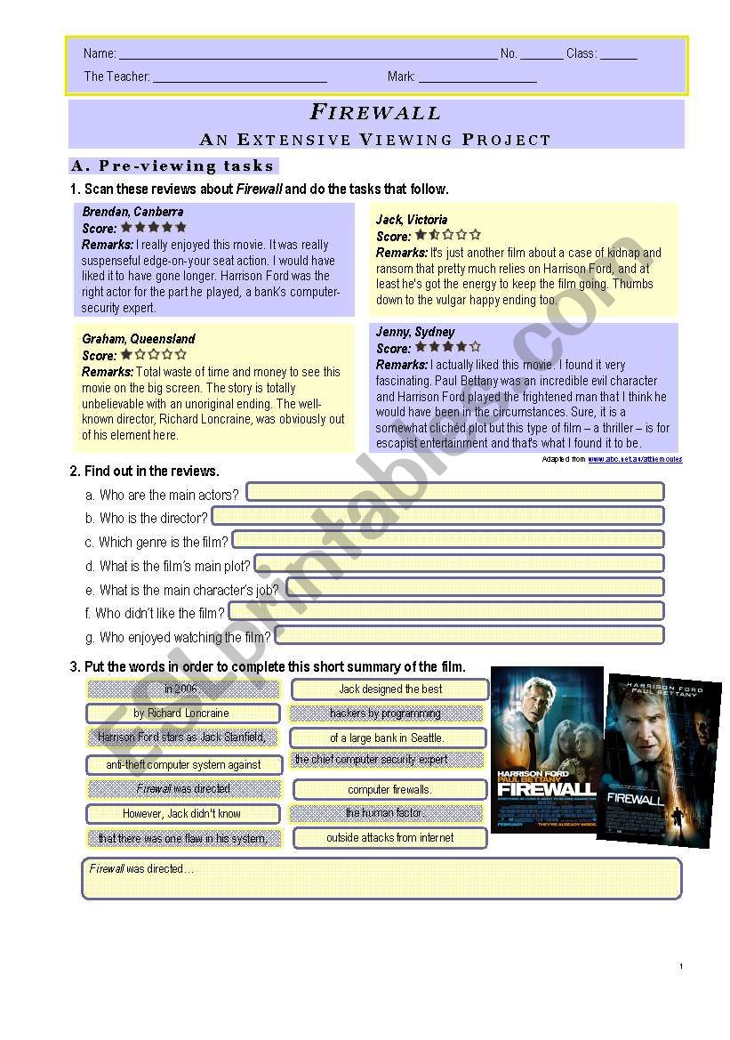 Film Project – “firewall” – Part 1 (4 Pages, Key Included) - Esl 