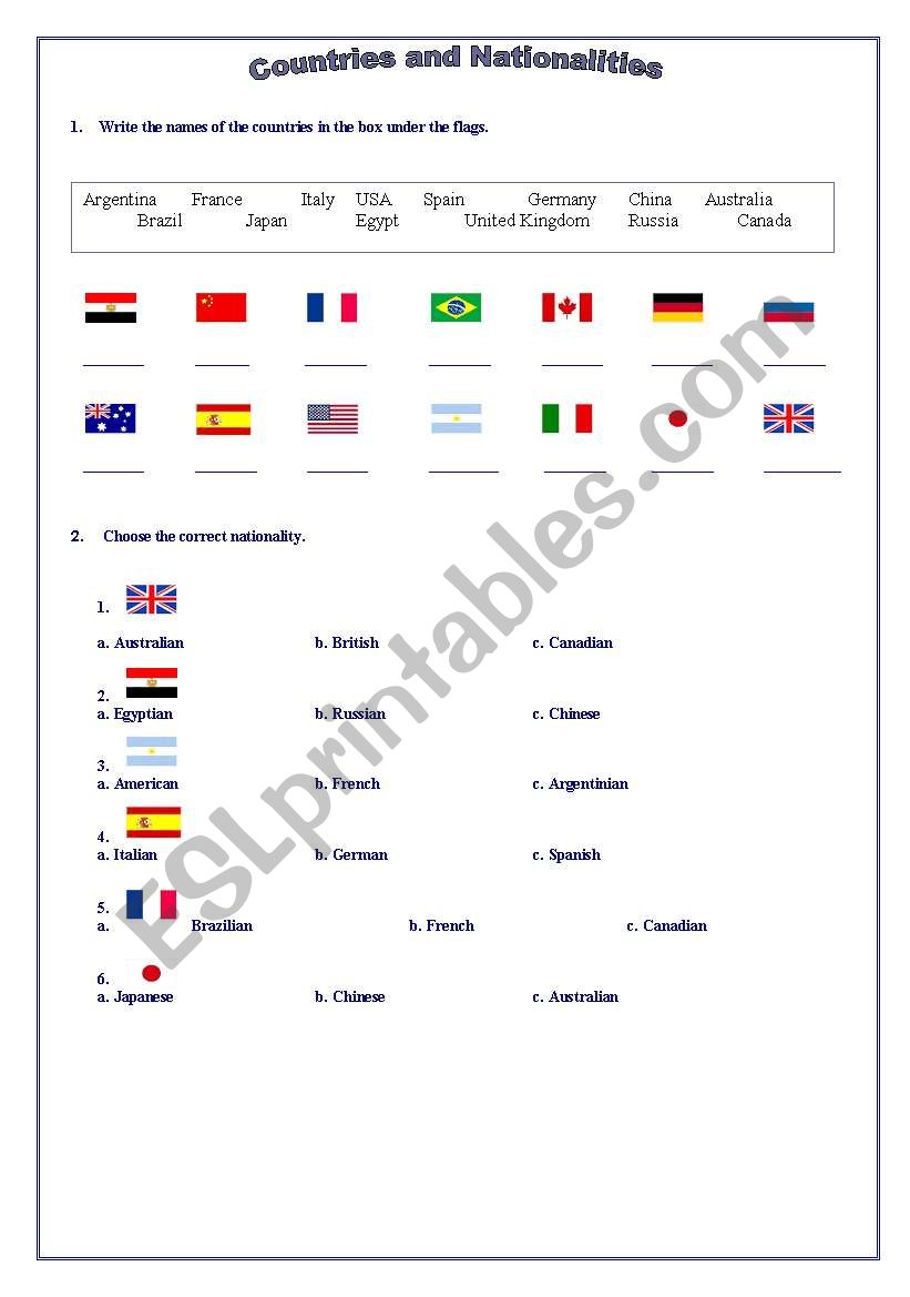Coutries and nationalities worksheet