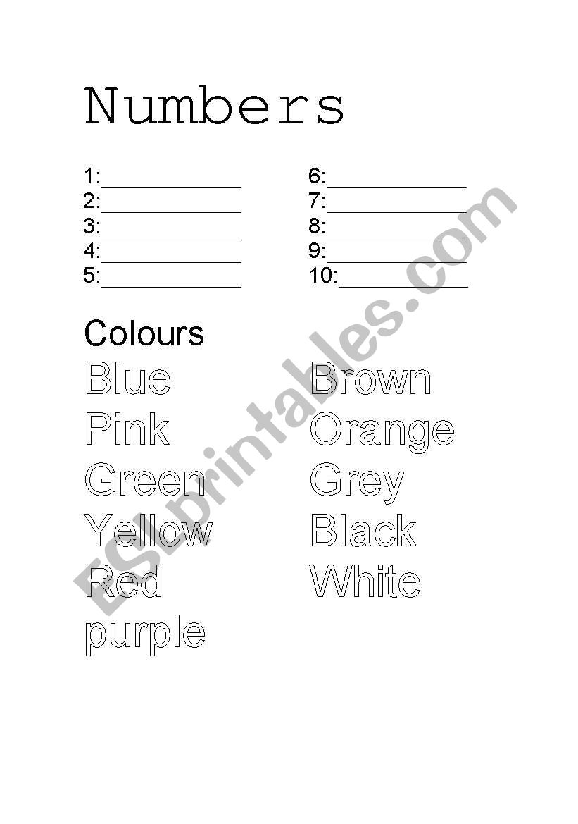 nnumbers and colours worksheet
