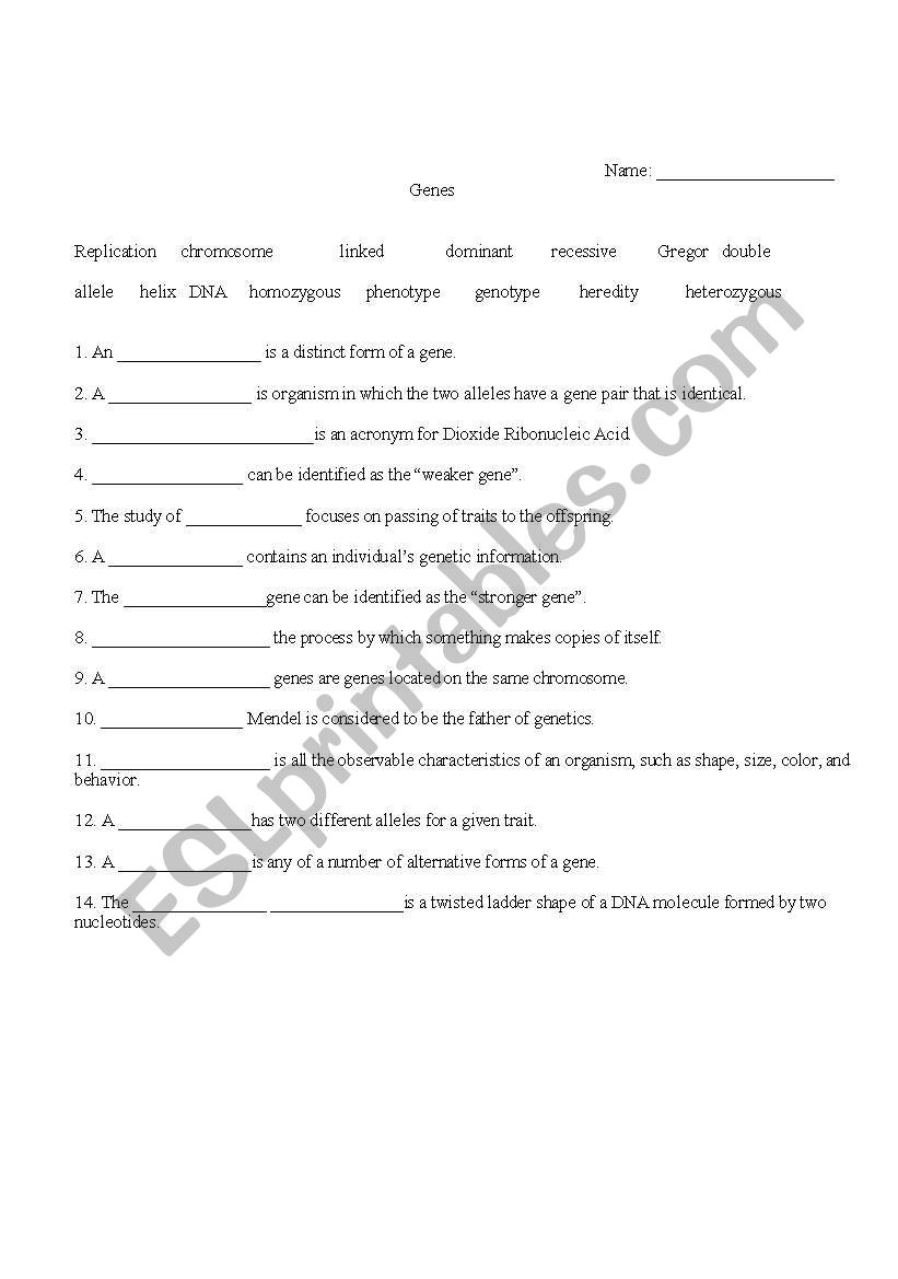 Genes cloze activity worksheet