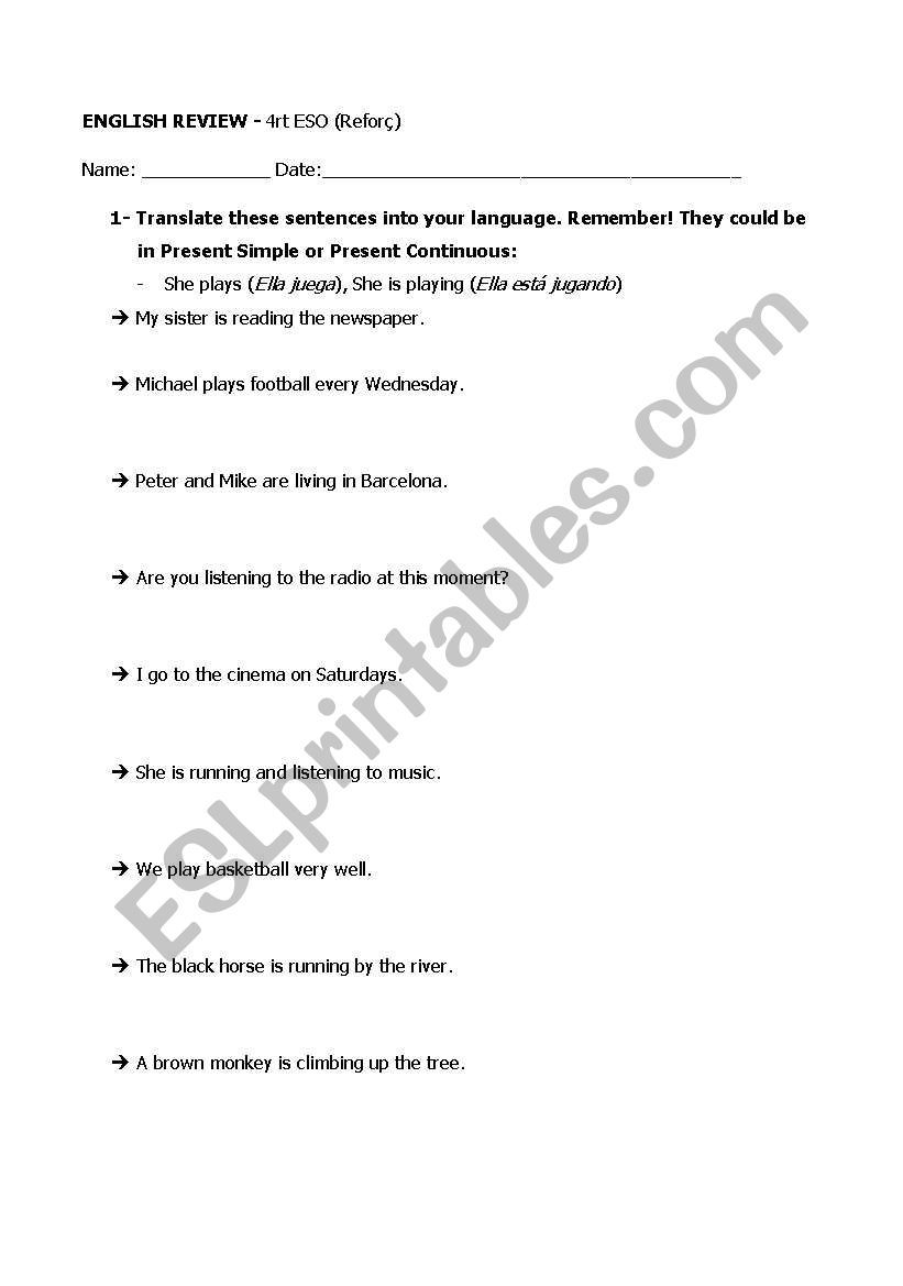 Present Simple and Continuous worksheet