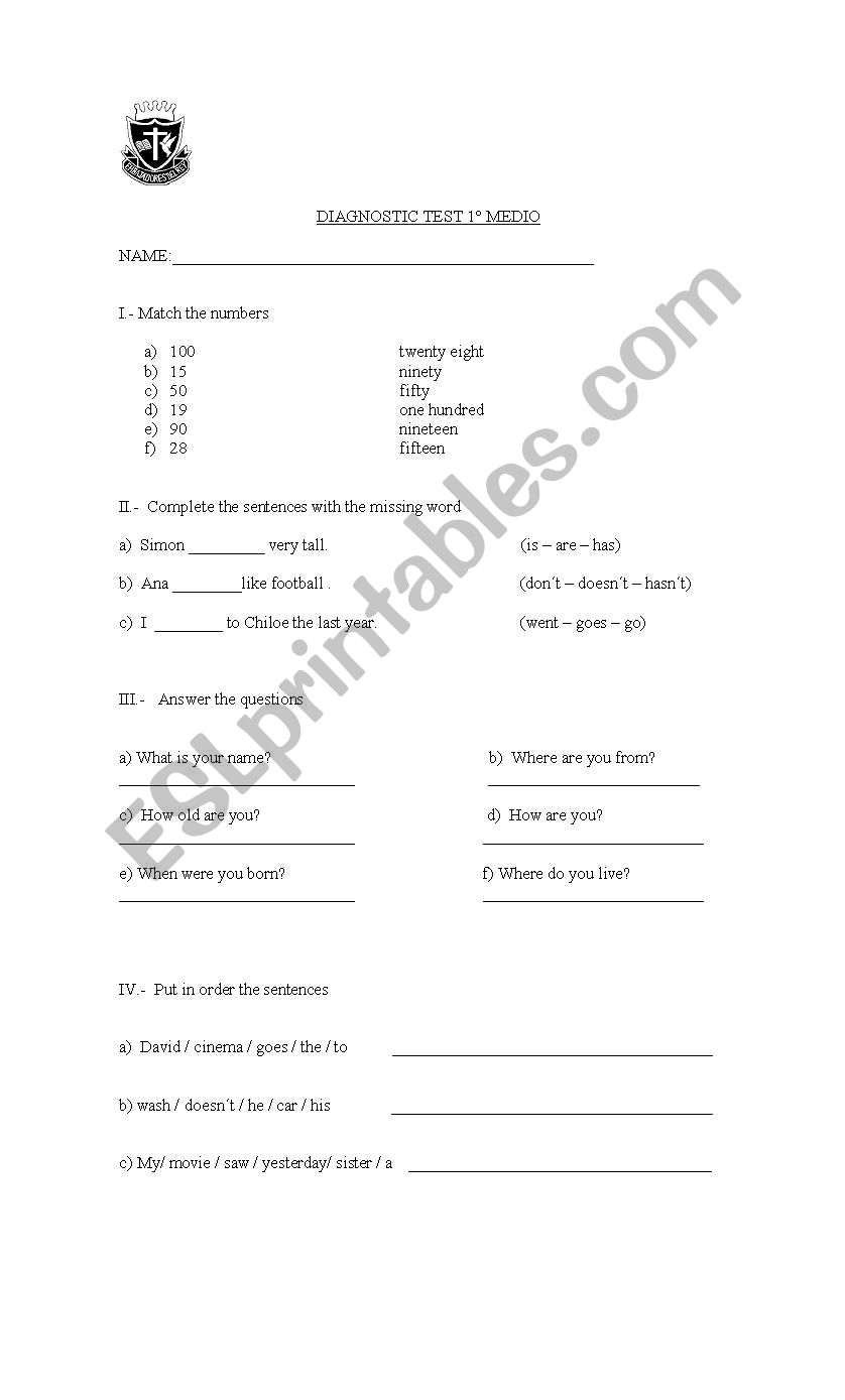 diagnostic test worksheet