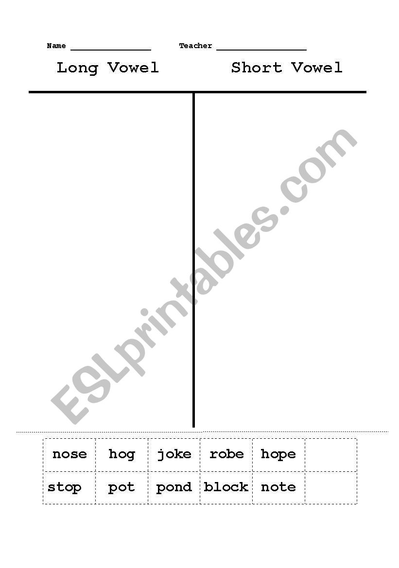 Long Vowel Short Vowel Sort worksheet