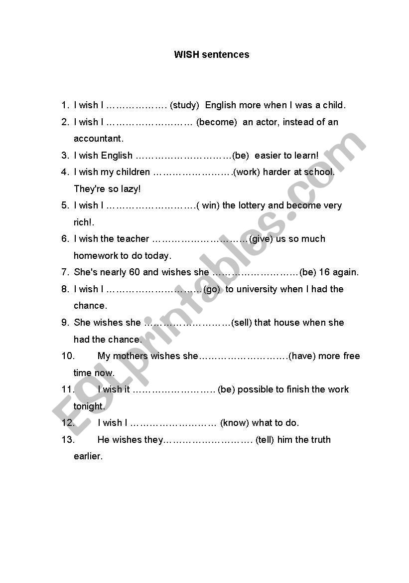 English Worksheets WISH Sentences