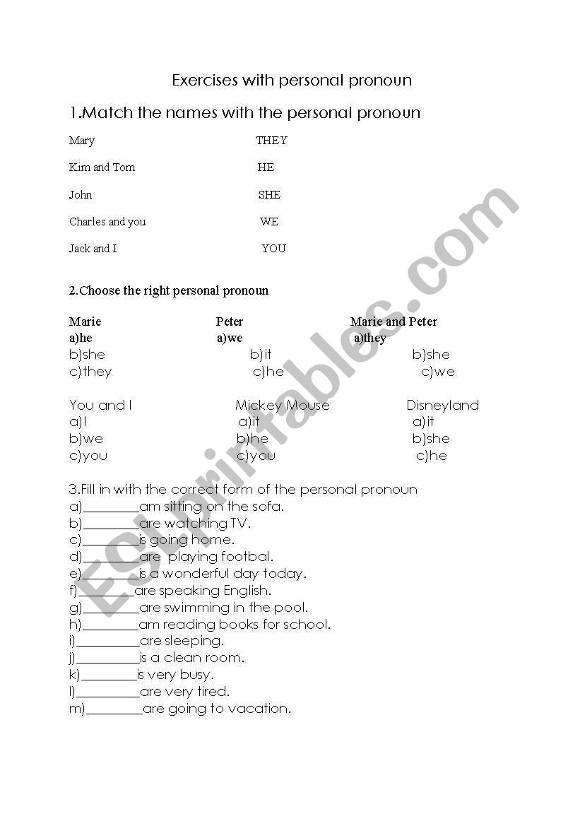 English Worksheets Personal Pronoun