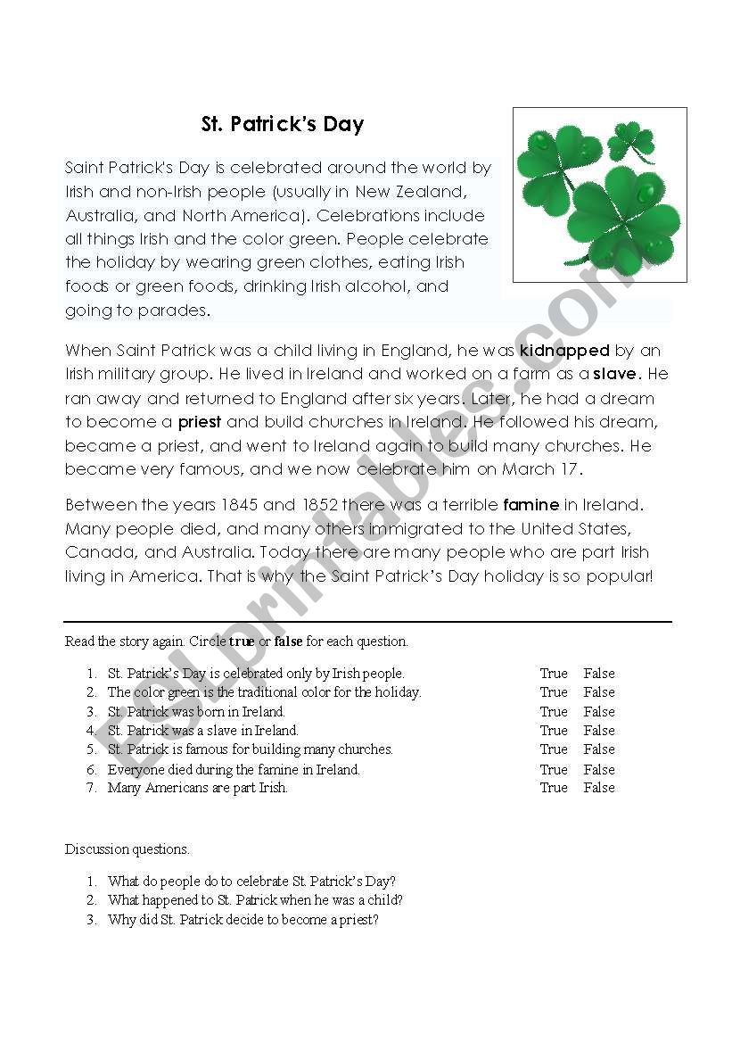 St. Patrick´s Day History - ESL worksheet by arlissa