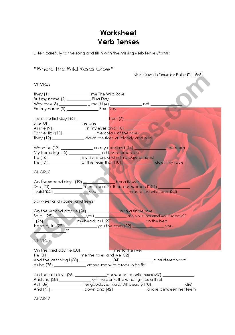 worksheet about verb tenses with music