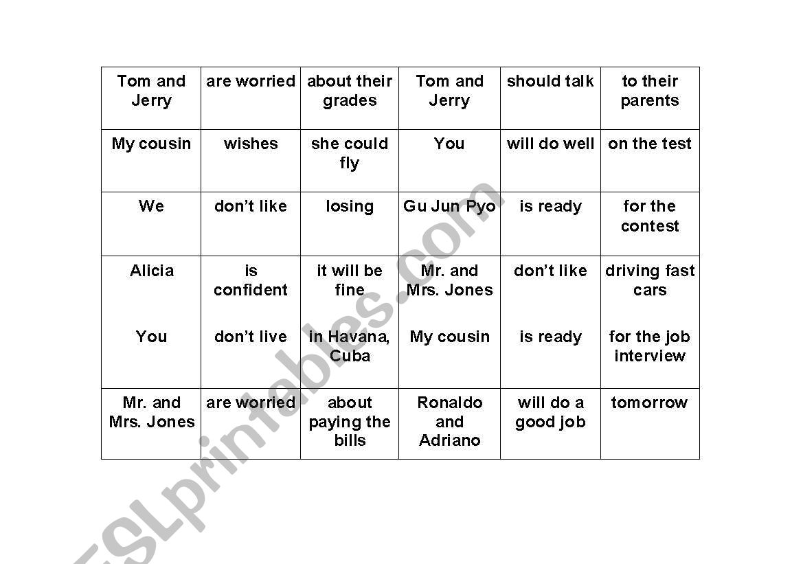 Im worried BINGO worksheet