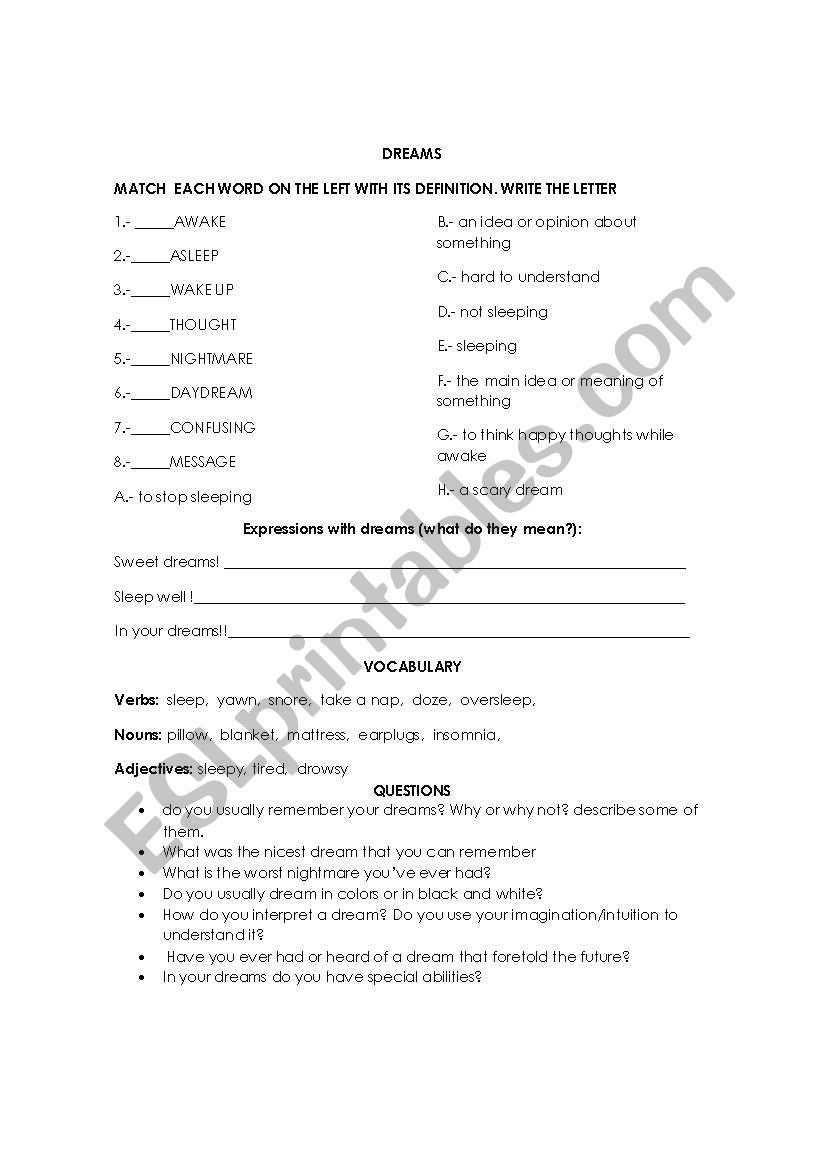 dreams  worksheet