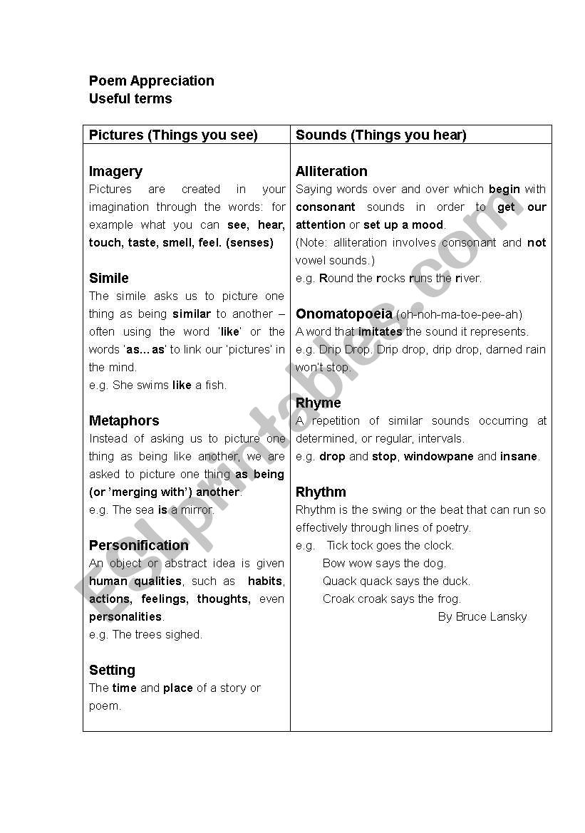 useful term for poetry worksheet