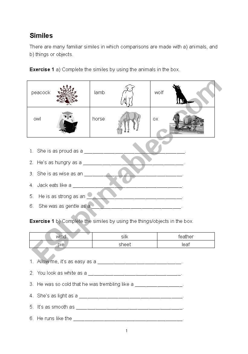 poetry:simile worksheet