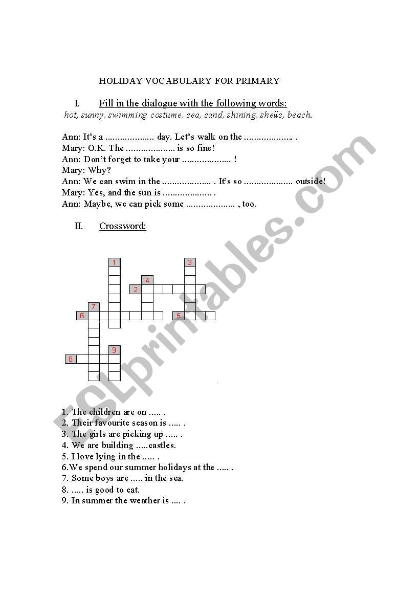 Holiday vocabulary for primary