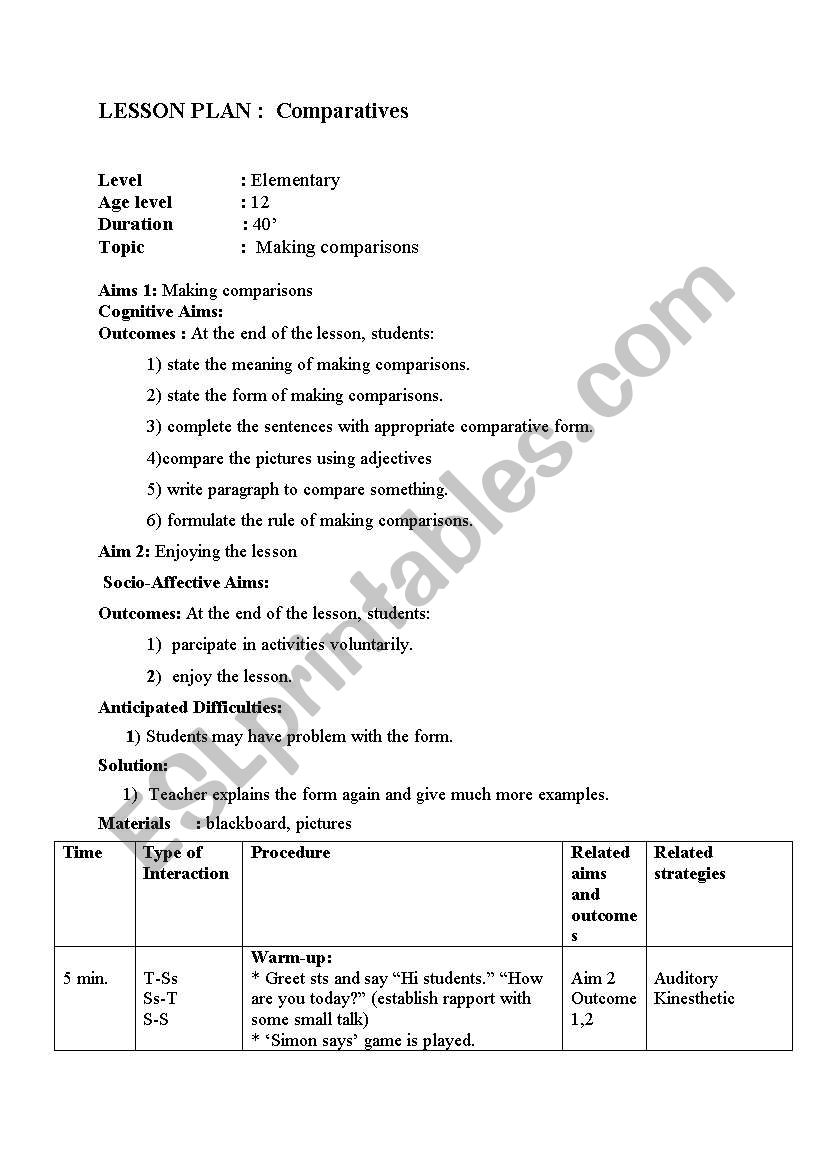 lesson plan comparatives worksheet