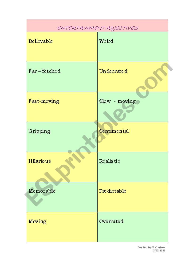 Entertainment adjectives worksheet