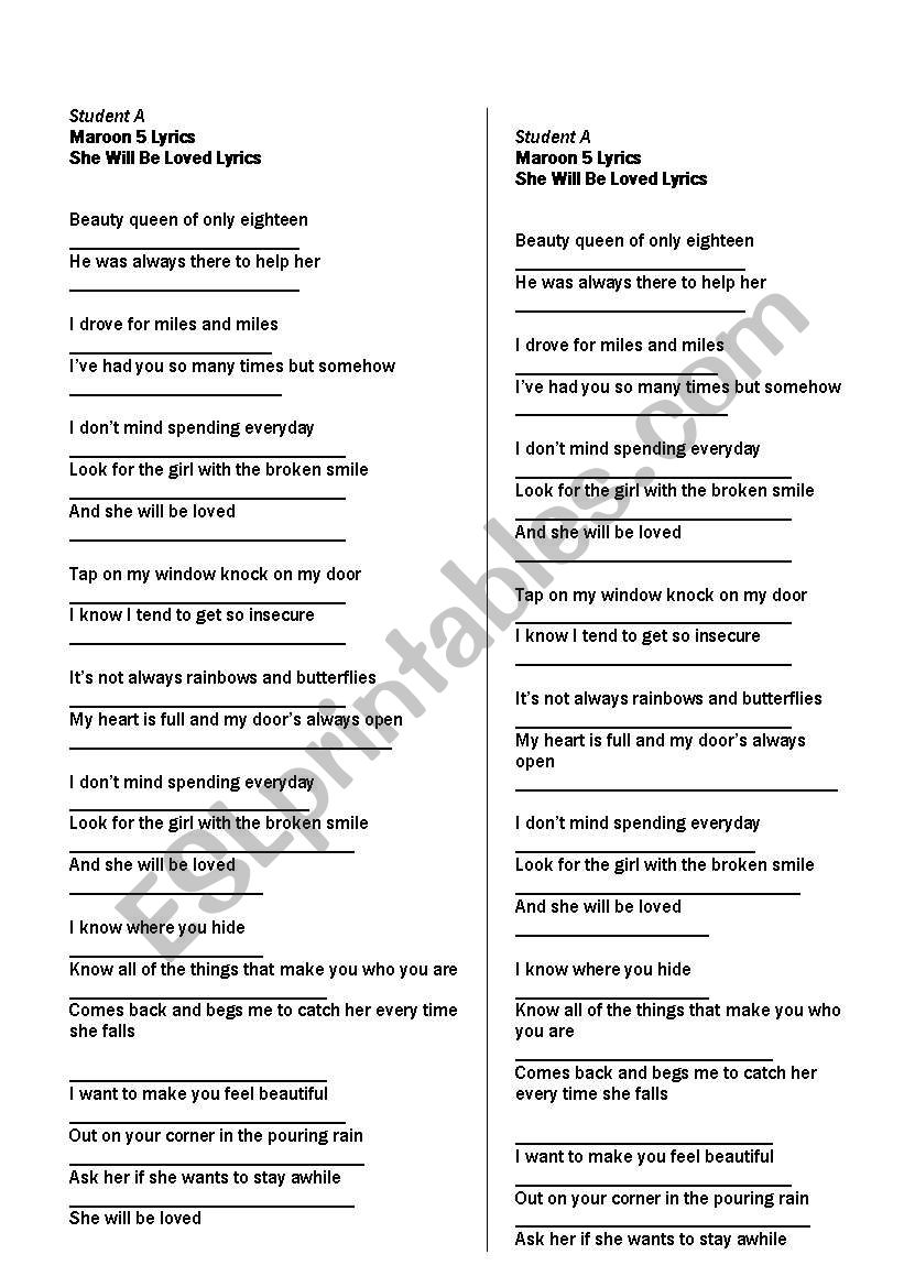 She will be loved Maroon5 worksheet