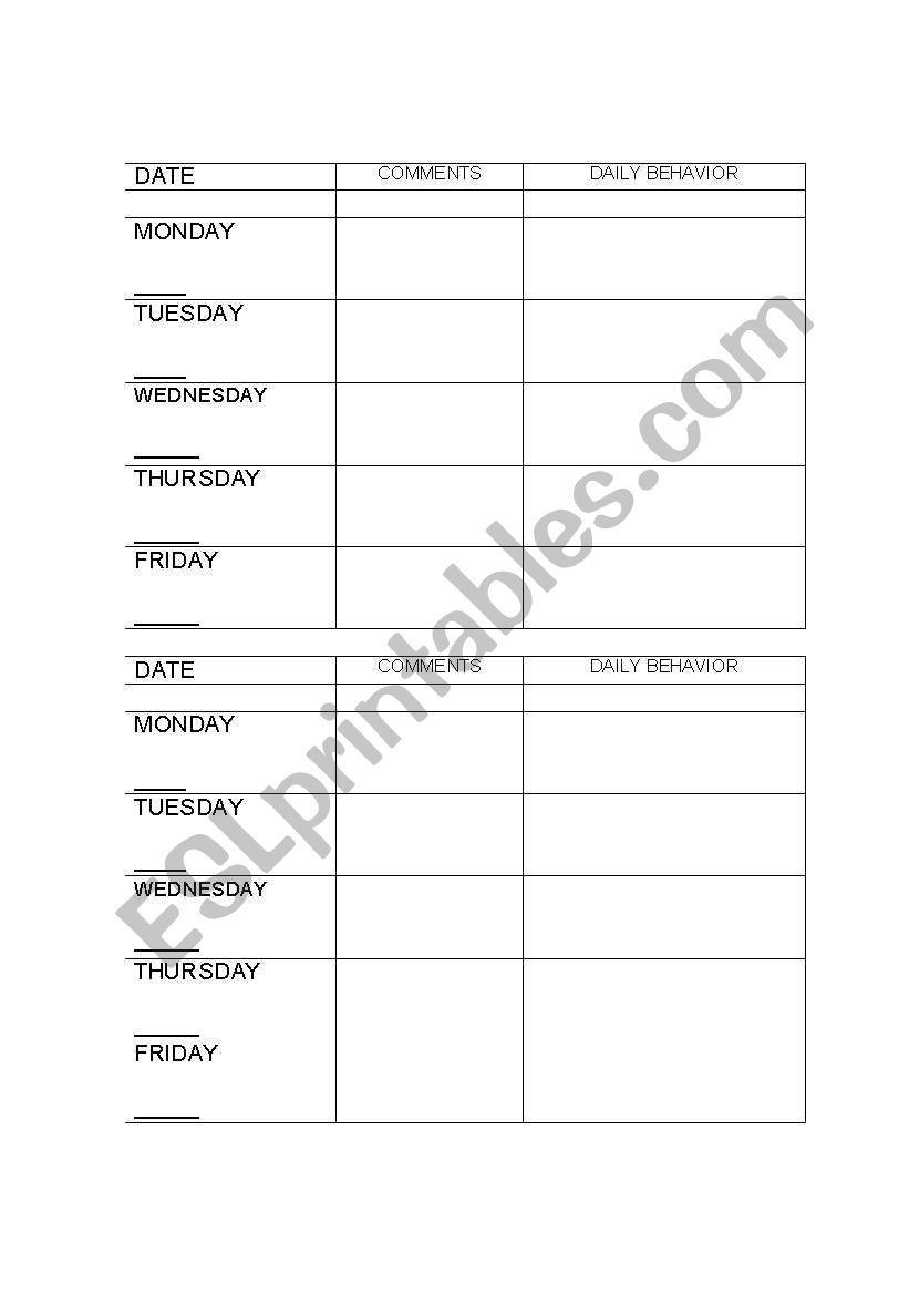 Daily behavior worksheet