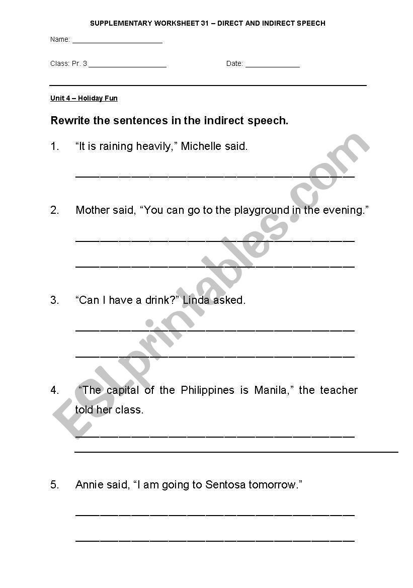 English Worksheets Direct Indirect Speech Worksheet 1