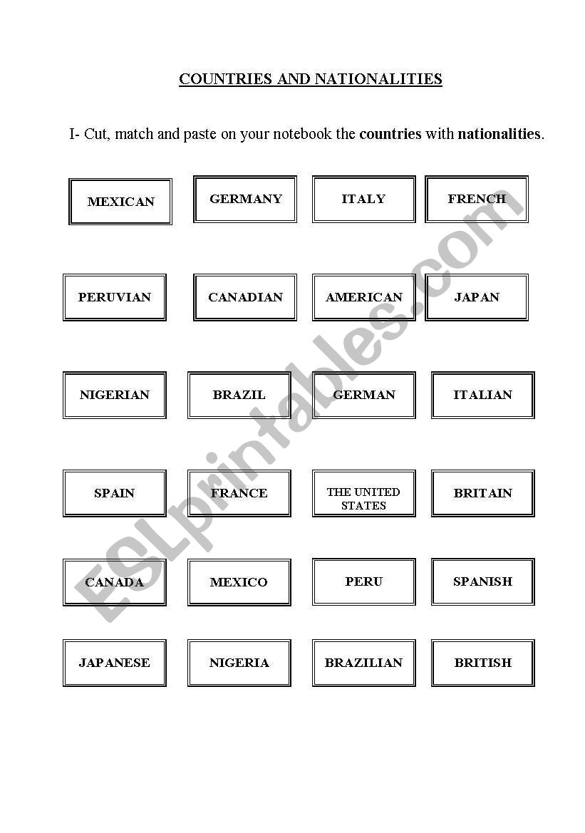 COUNTRIES AND NATINALITIES worksheet