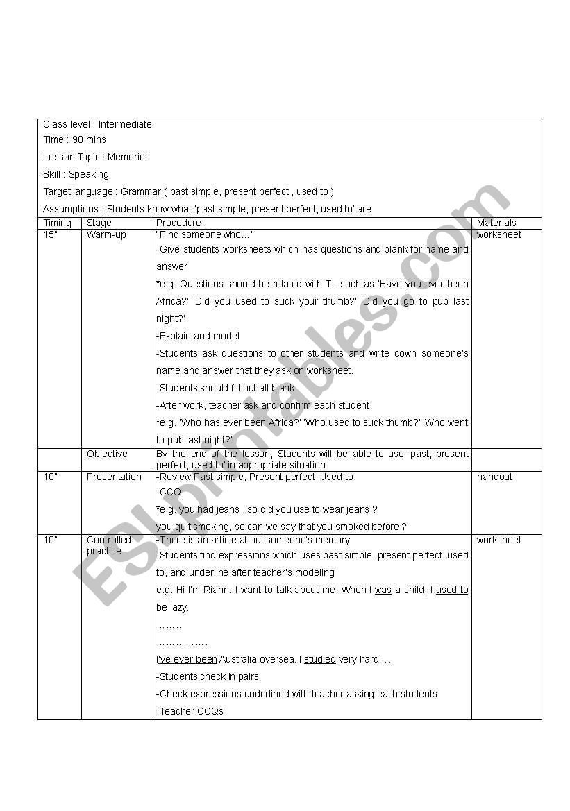 memories worksheet