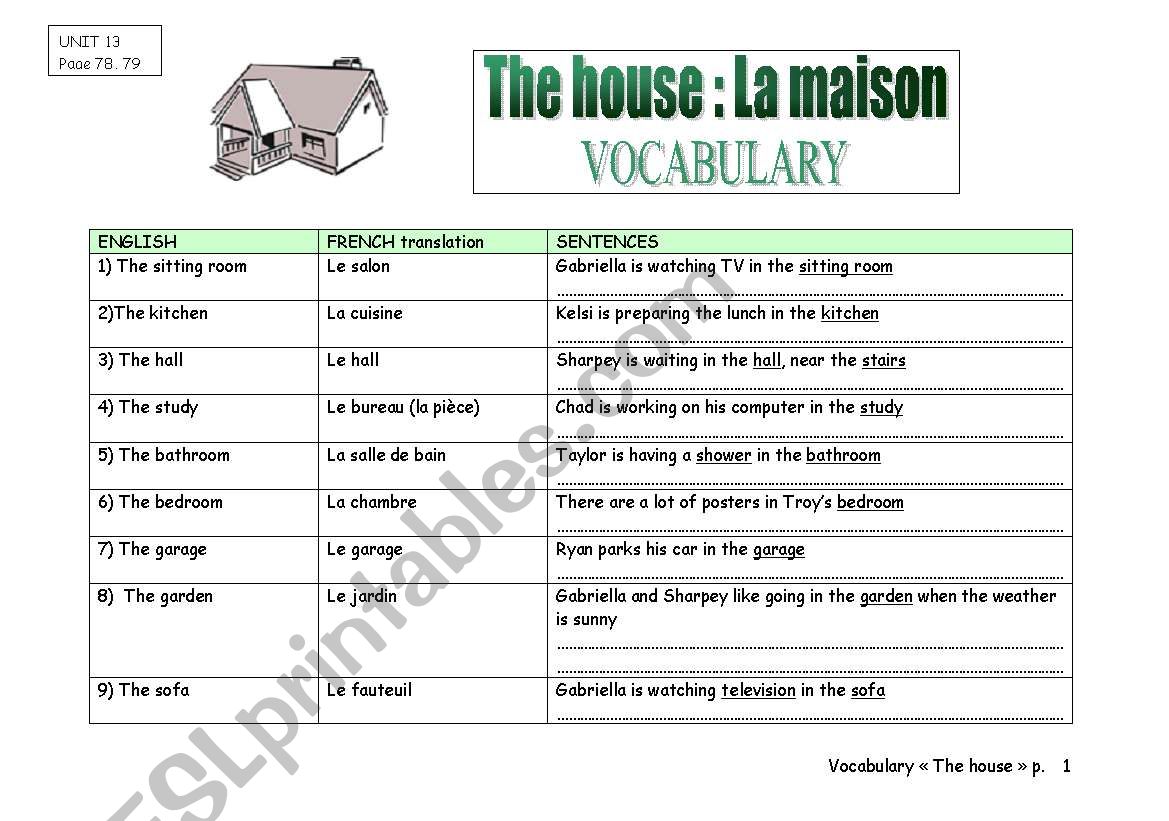 Vocabulary sheet : the house worksheet