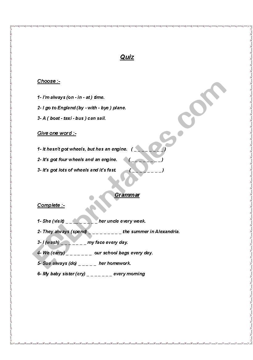 Weel;y quiz worksheet