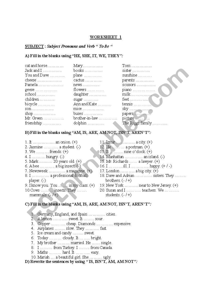 Worksheet for verb 